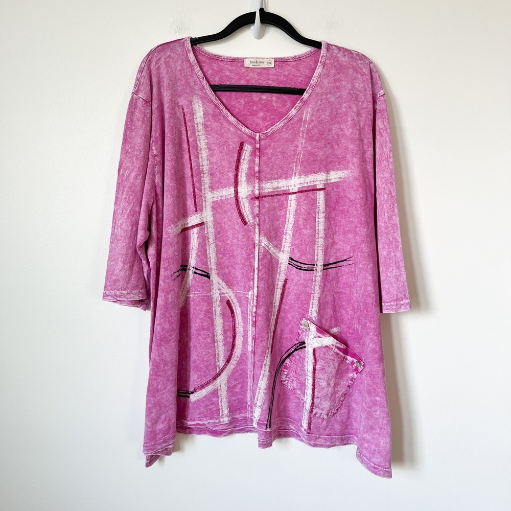 Jess & Jane Contour Mineral Washed Shark Bite V-Neck Tunic Top Womens 3X Pink